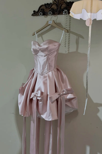 Sweetheart Satin Short Prom Dress, Multi Bow Tassel Homecoming Dress  F0054