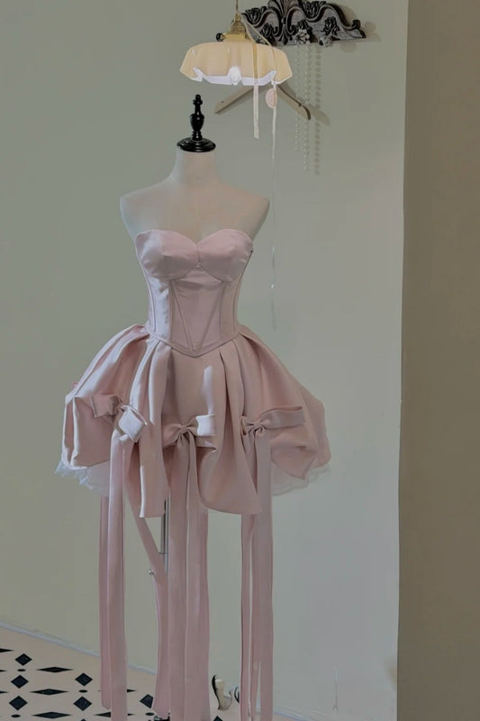 Sweetheart Satin Short Prom Dress, Multi Bow Tassel Homecoming Dress  F0054