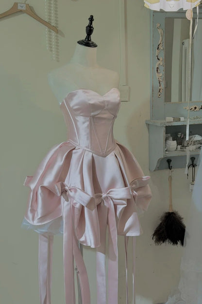 Sweetheart Satin Short Prom Dress, Multi Bow Tassel Homecoming Dress  F0054