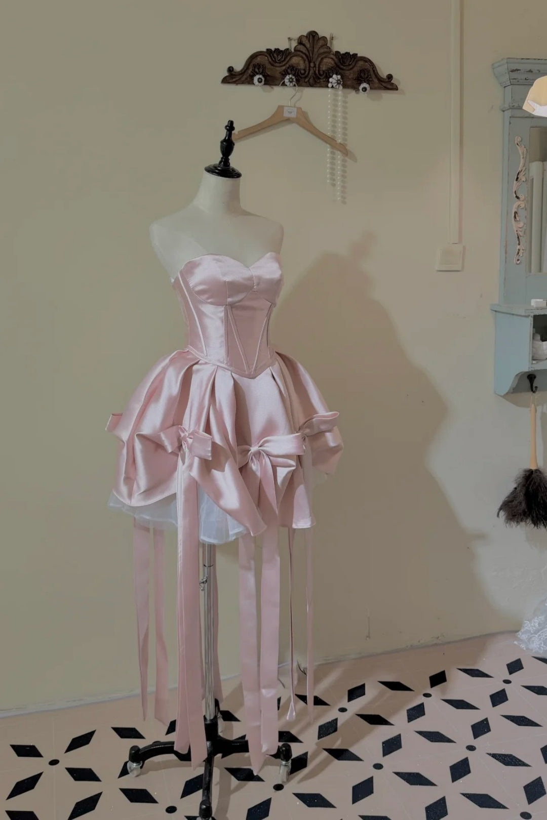 Sweetheart Satin Short Prom Dress, Multi Bow Tassel Homecoming Dress  F0054