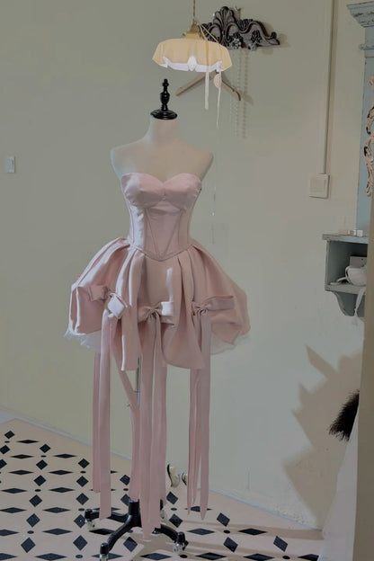 Sweetheart Satin Short Prom Dress, Multi Bow Tassel Homecoming Dress  F0054