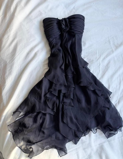 Strapless Chiffon Dress Floral Detail Tiered Ruffle Homecoming Party Gown F0155