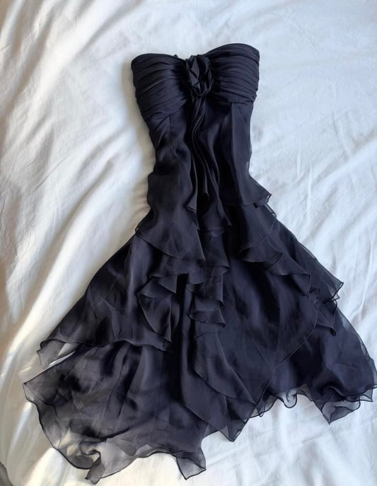 Strapless Chiffon Dress Floral Detail Tiered Ruffle Homecoming Party Gown F0155
