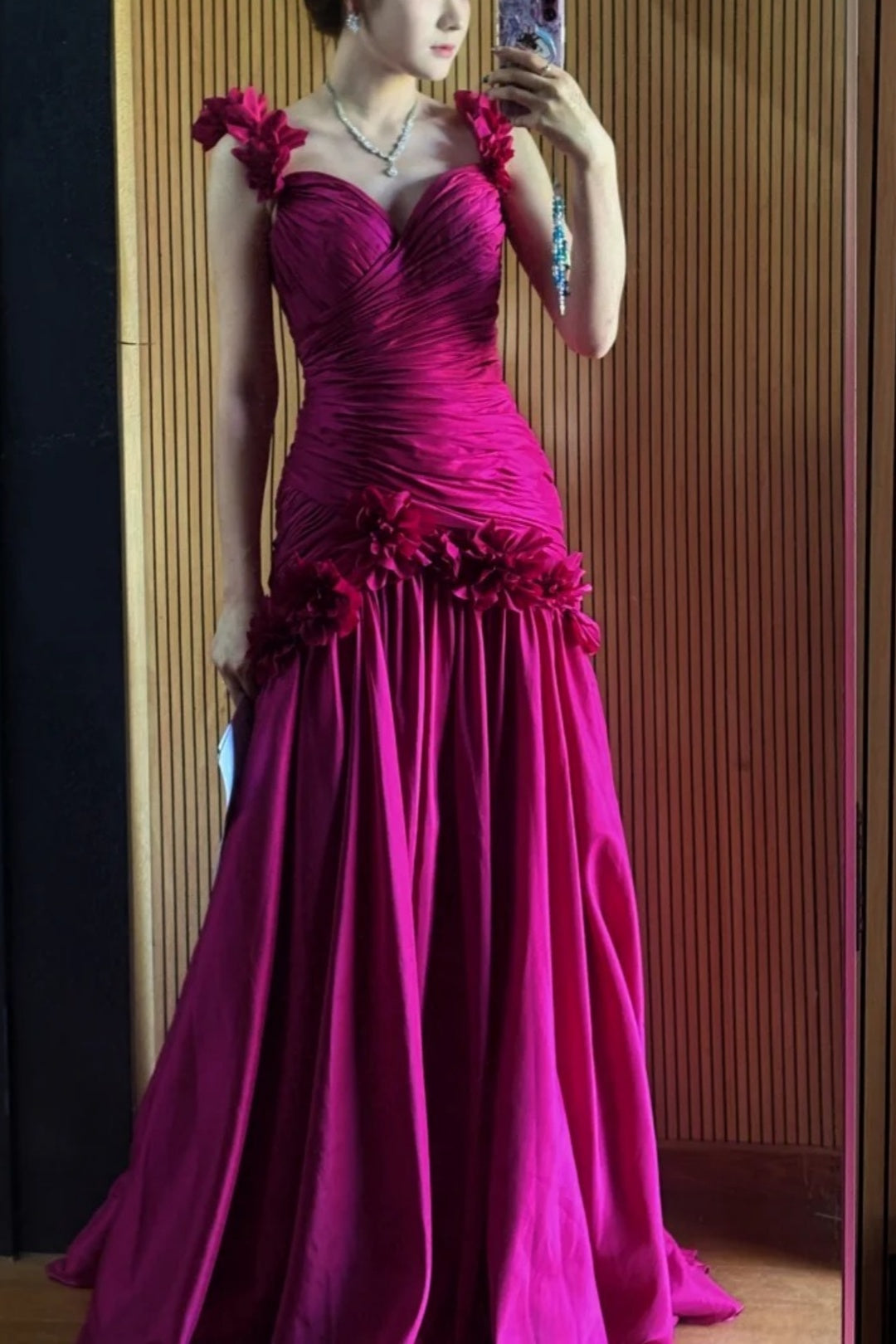 Fuchsia Satin Long Prom Dress 3D Floral Spaghetti Strap Ruched Formal Evening Gown F0030