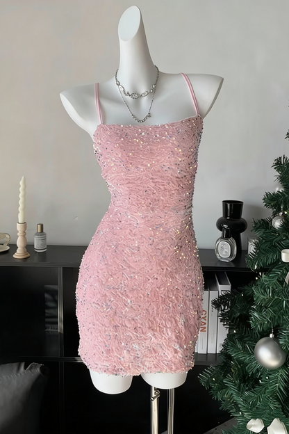 Sparkling sequined halter top birthday dress, sequined mini dress, backless sexy short party dress 007