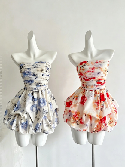 Floral Print Strapless Bubble Mini Dress Ruched Cocktail Gown F0214