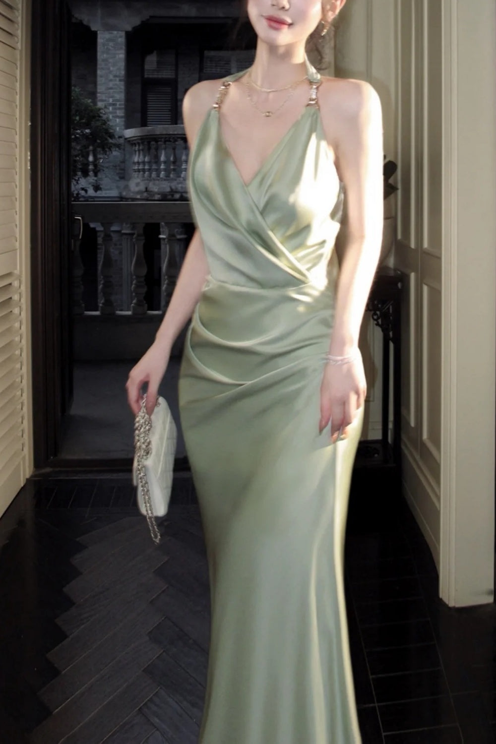 Evening Gown Sage Green Satin Halter Custom Mermaid Dress Floral044