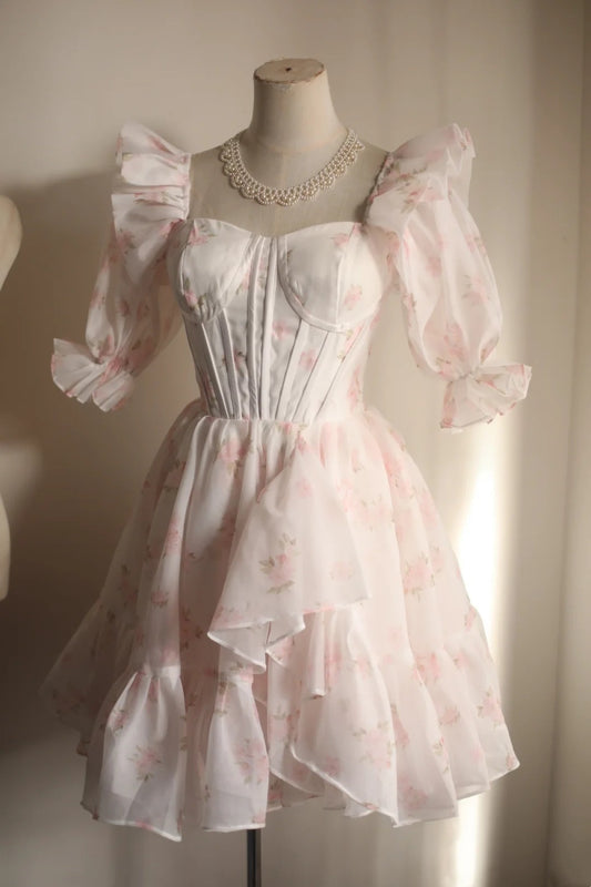 Pink Floral Short Homecoming Dress Puff Sleeve Corset Mini Gown F0199