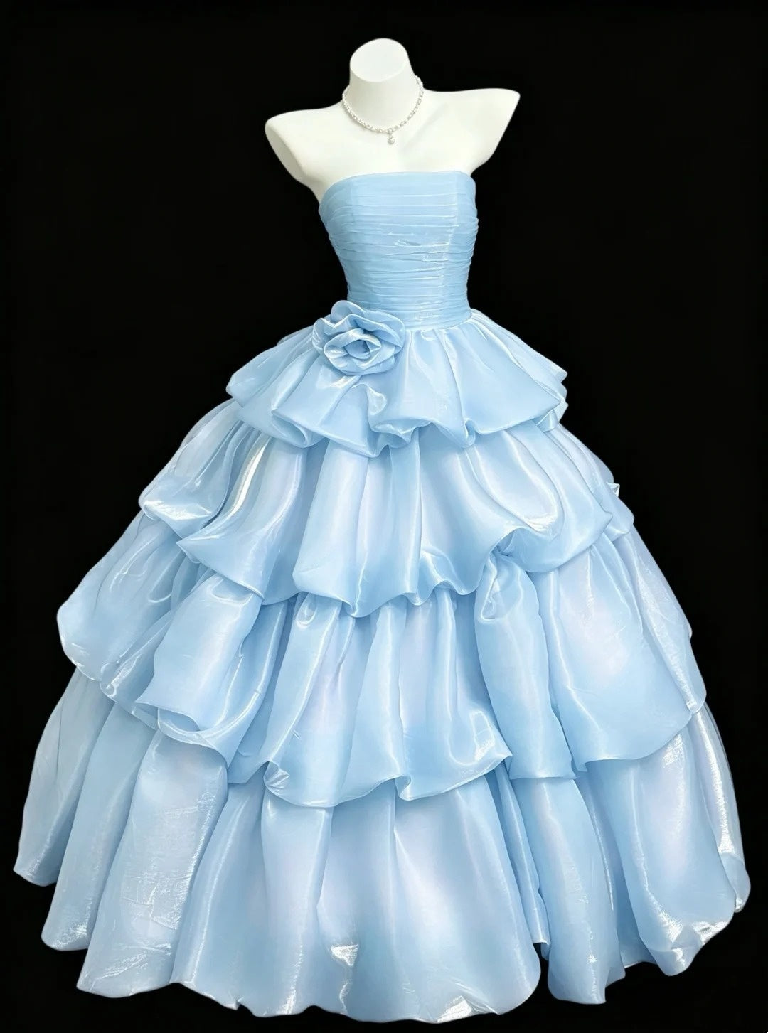 Strapless Pleated Tiered Organza Ball Gown 3D Flower Prom Dress F0193