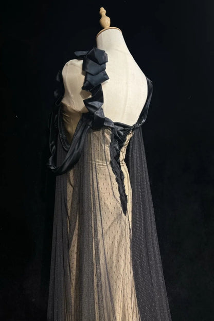 Champagne Mermaid Evening Dress Black Ribbon Beaded Cape Gown F0198