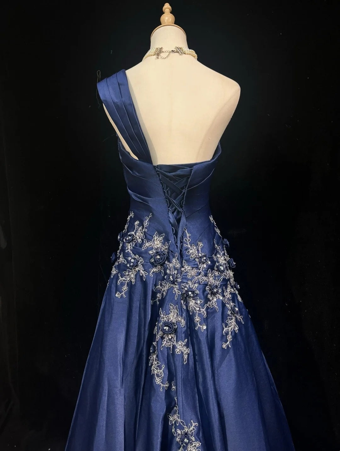 Navy One Shoulder 3D Floral Appliqué A-Line Formal Evening Dress F0196