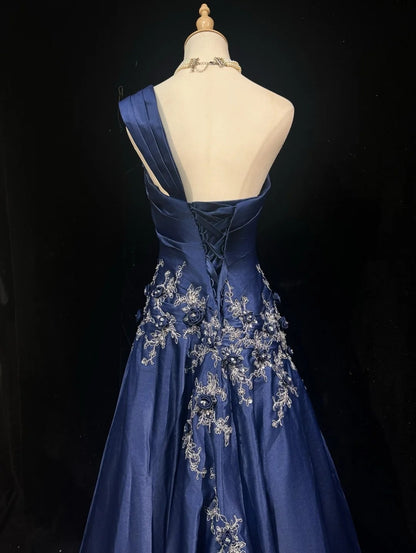 Navy One Shoulder 3D Floral Appliqué A-Line Formal Evening Dress F0196
