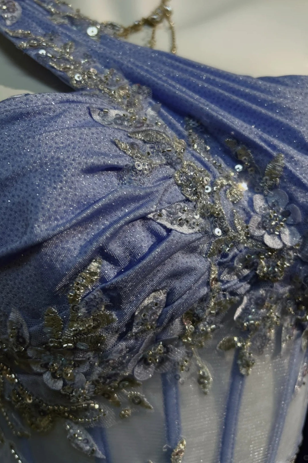 One‑Shoulder Corset Mermaid Gown With Appliqué Tulle Cape F0083