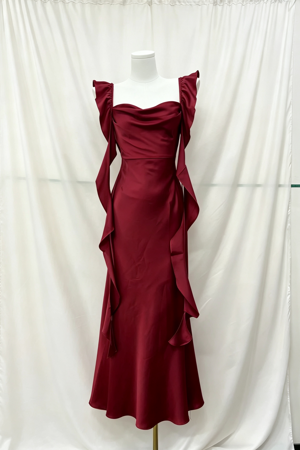 Burgundy Satin Mermaid Formal Gown, Draped Neck Ruffle Strap Maxi Dress F0076