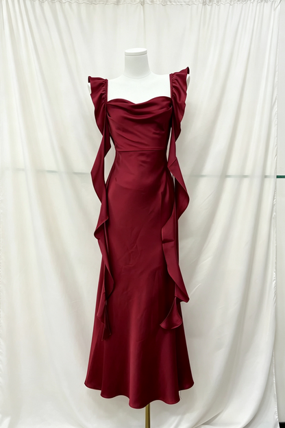 Burgundy Satin Mermaid Formal Gown, Draped Neck Ruffle Strap Maxi Dress F0076
