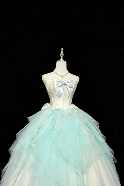 Blue White Ombre Strapless Tulle Ball Gown Satin Bow Prom Dress F0258