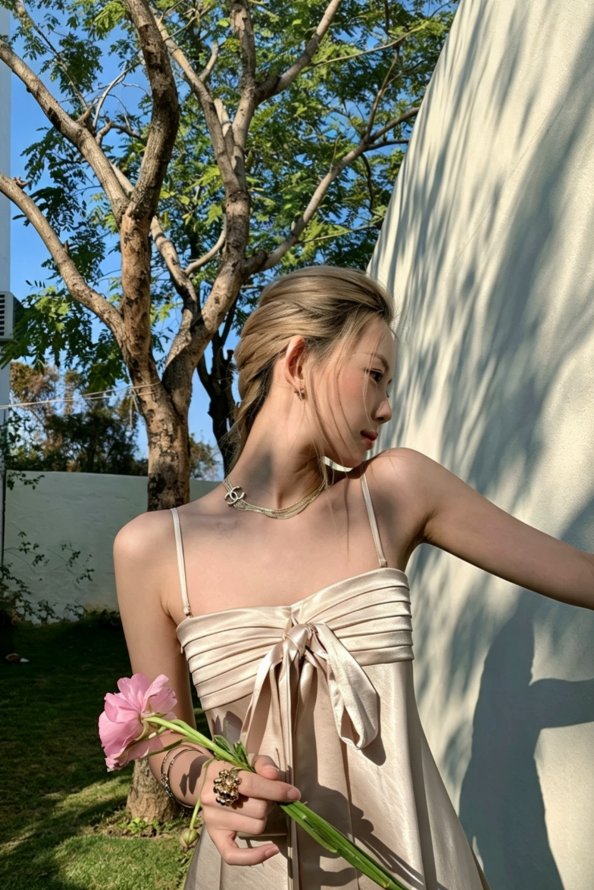 Satin Bow Cami Mini Dress, Adjustable Strap Flared Party Vacation Dress F061