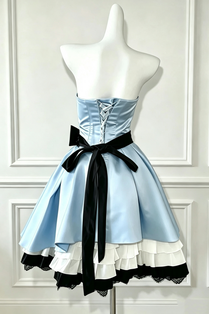Light Blue Strapless Color Block Mini Homecoming Dress F0278