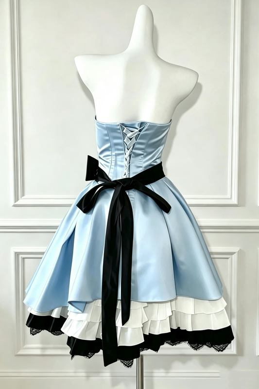 Light Blue Strapless Color Block Mini Homecoming Dress F0278