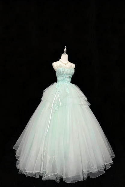 Strapless Lace Tulle Ball Gown With Satin Bow Ribbons F0080
