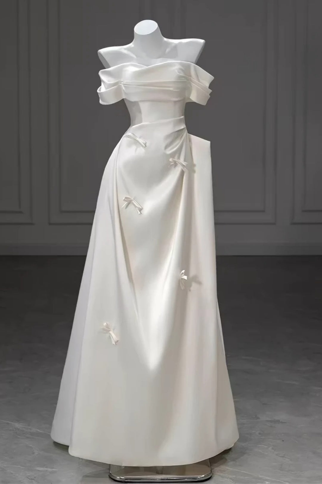 Off‑Shoulder Satin A‑Line Dress Bow Detail Formal Prom Wedding Evening Gown F0124