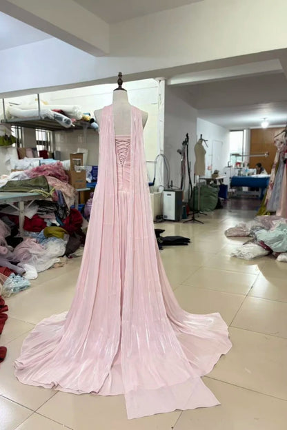 Dusty Pink Shimmer Chiffon Prom Gown Halter Cape Sleeve Lace‑Up Back Long Evening Dress F0027