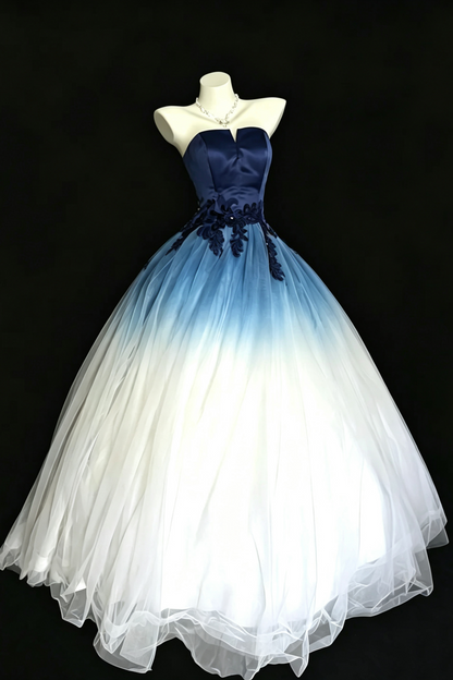 Strapless Gradient Tulle Ball Gown Lace Appliques Lace‑Up Back Prom Formal Dress F0113