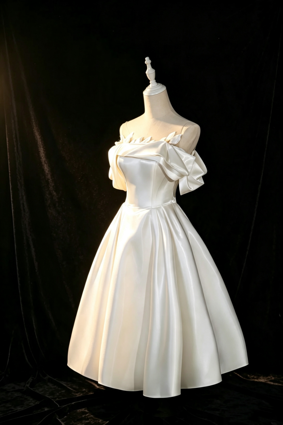 White Satin Off‑The‑Shoulder Midi Gown 3D Leaf Detail Elopement Wedding Party Dress F0013