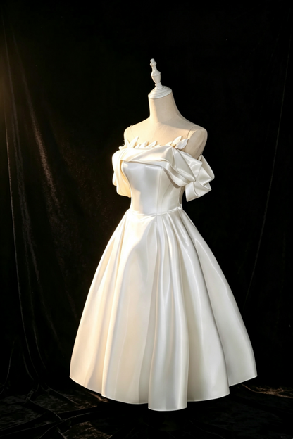White Satin Off‑The‑Shoulder Midi Gown 3D Leaf Detail Elopement Wedding Party Dress F0013