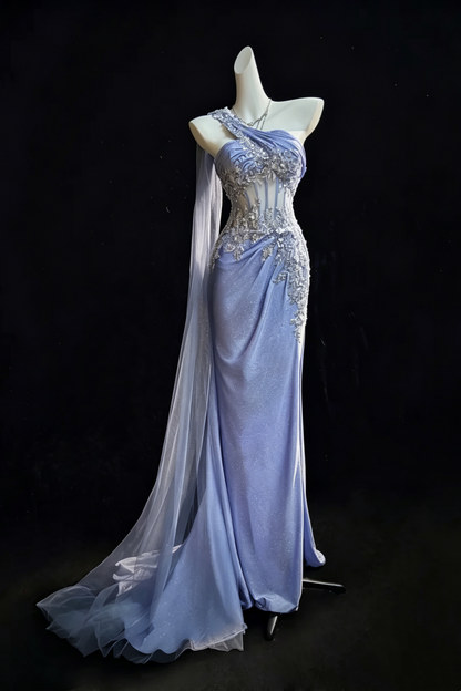 One‑Shoulder Corset Mermaid Gown With Appliqué Tulle Cape F0083