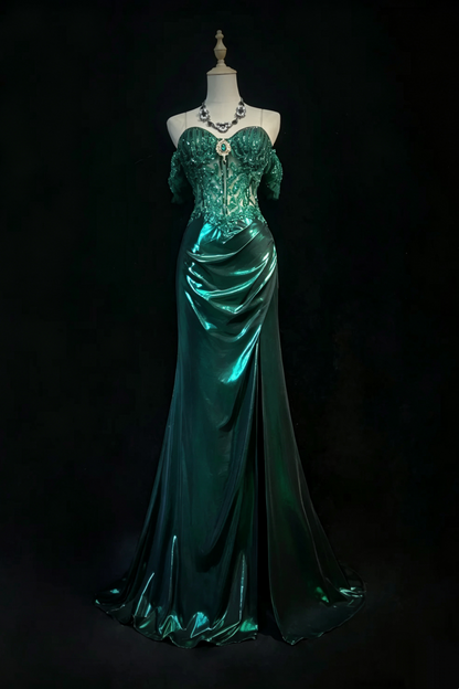Off‑Shoulder Corset Mermaid Gown Beaded Metallic Emerald Formal Dress F0084