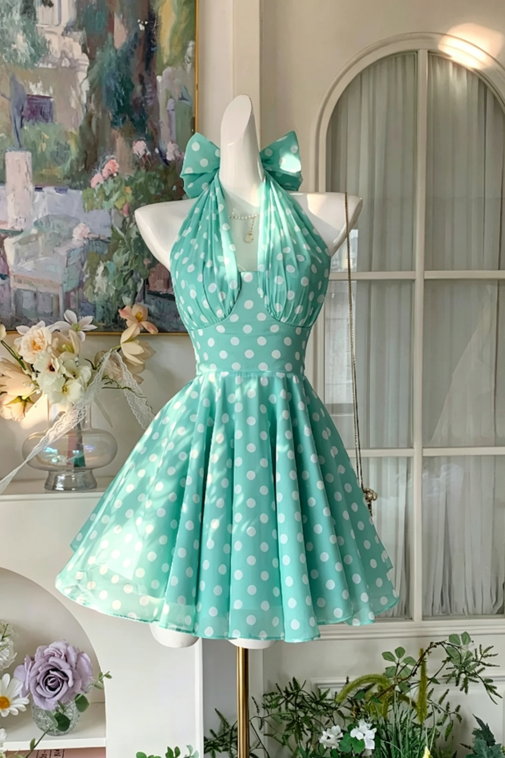 Garden Party Dress Mint Halter Neck Mini Dress With Big Bow F0061