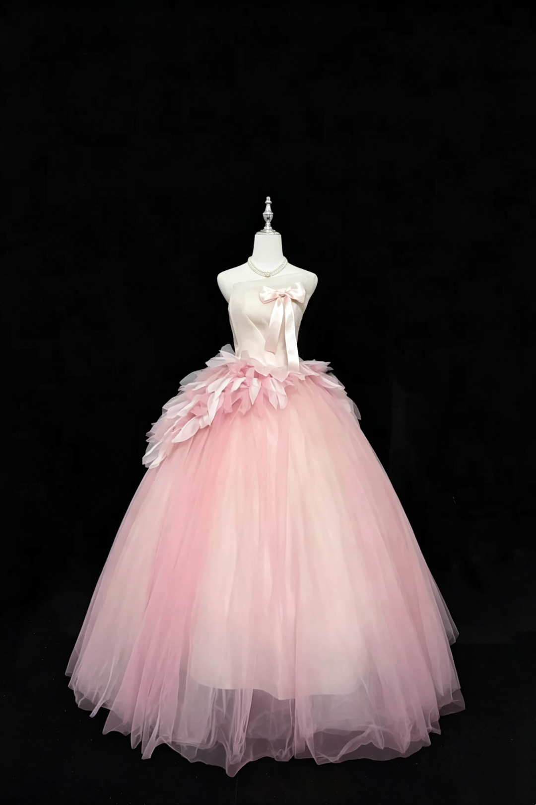 Strapless Pink Tulle Ball Gown Bow Detail Homecoming Formal Dress F0103