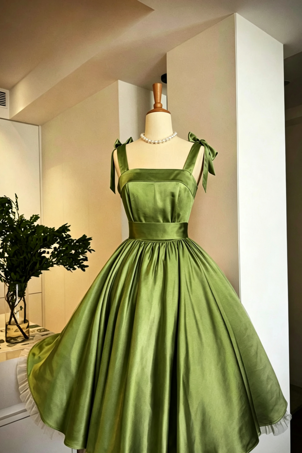 Olive Green Satin Retro Midi Dress, Bow Strap Vintage Homecoming Dress  F0052