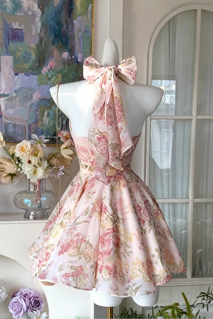 Pink Floral Halter Mini Dress, Vintage Garden Party  F0038