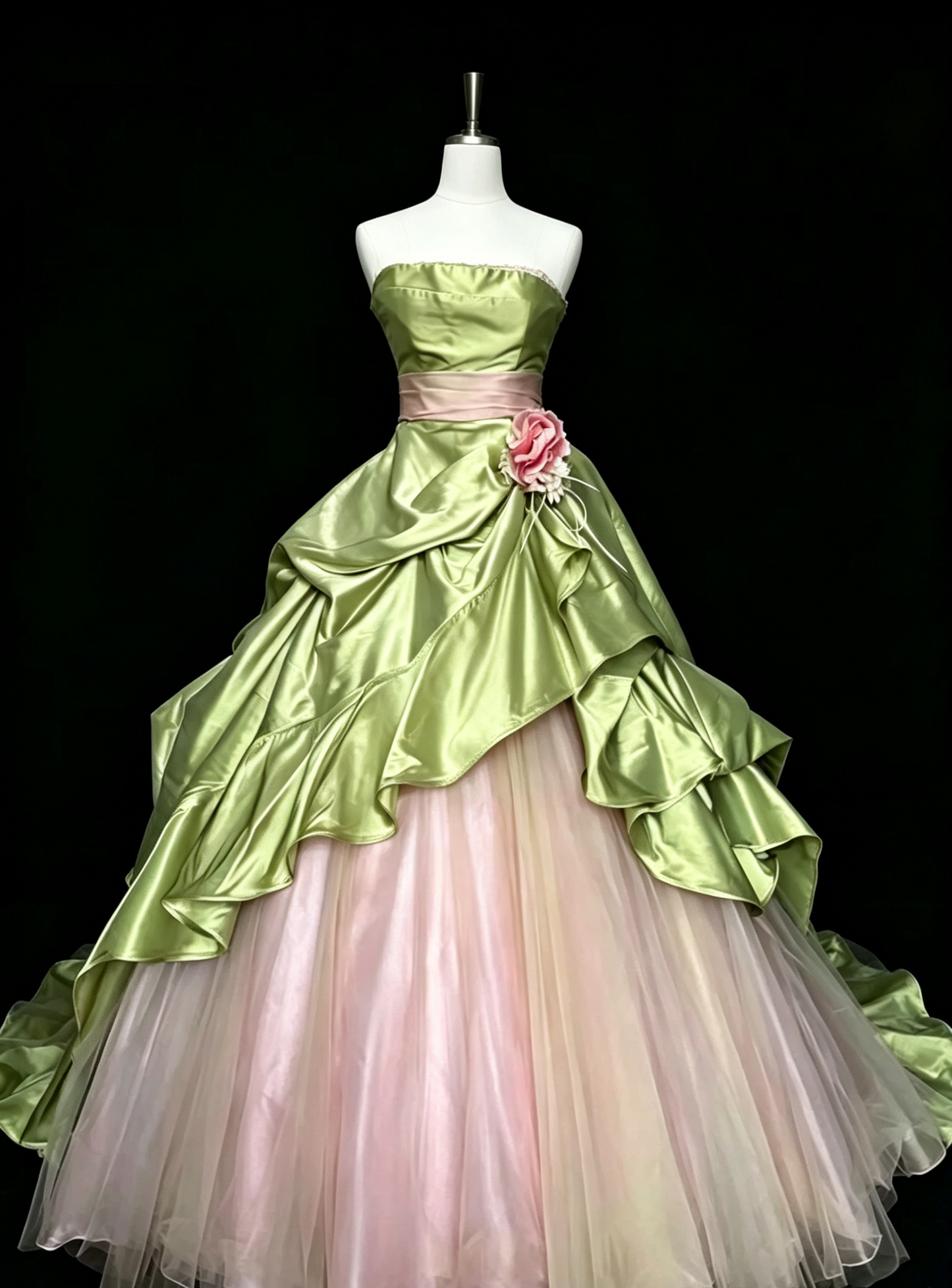 Strapless Satin Ball Gown Green Pink Floral Tulle Formal Evening Dress F0086
