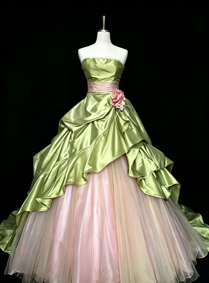 Strapless Satin Ball Gown Green Pink Floral Tulle Formal Evening Dress F0086
