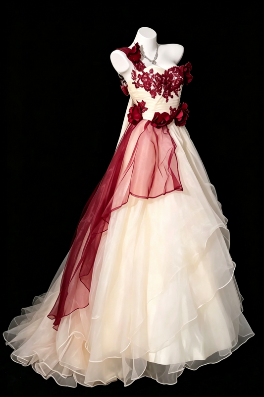 One‑Shoulder Floral Tulle Ball Gown 3D Rose Lace Prom Evening Formal Dress F0114
