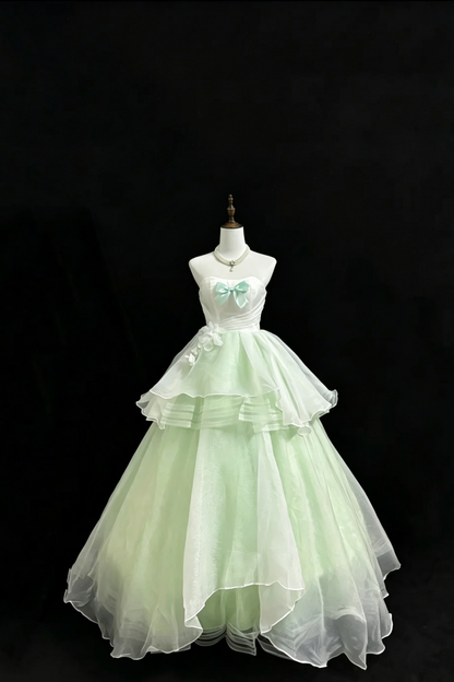 Mint Green Strapless Tulle Gown Bow Floral Fall Formal Dress F0100
