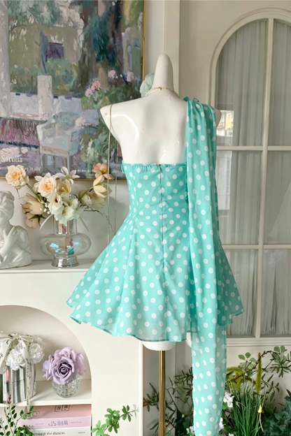 One‑Shoulder Mint Polka Dot Short Dress Flower Detail Homecoming Gown F0118