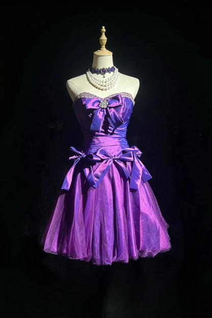 Strapless Purple Bow Short Homecoming Dress Beaded Sweetheart Party Gown F0134