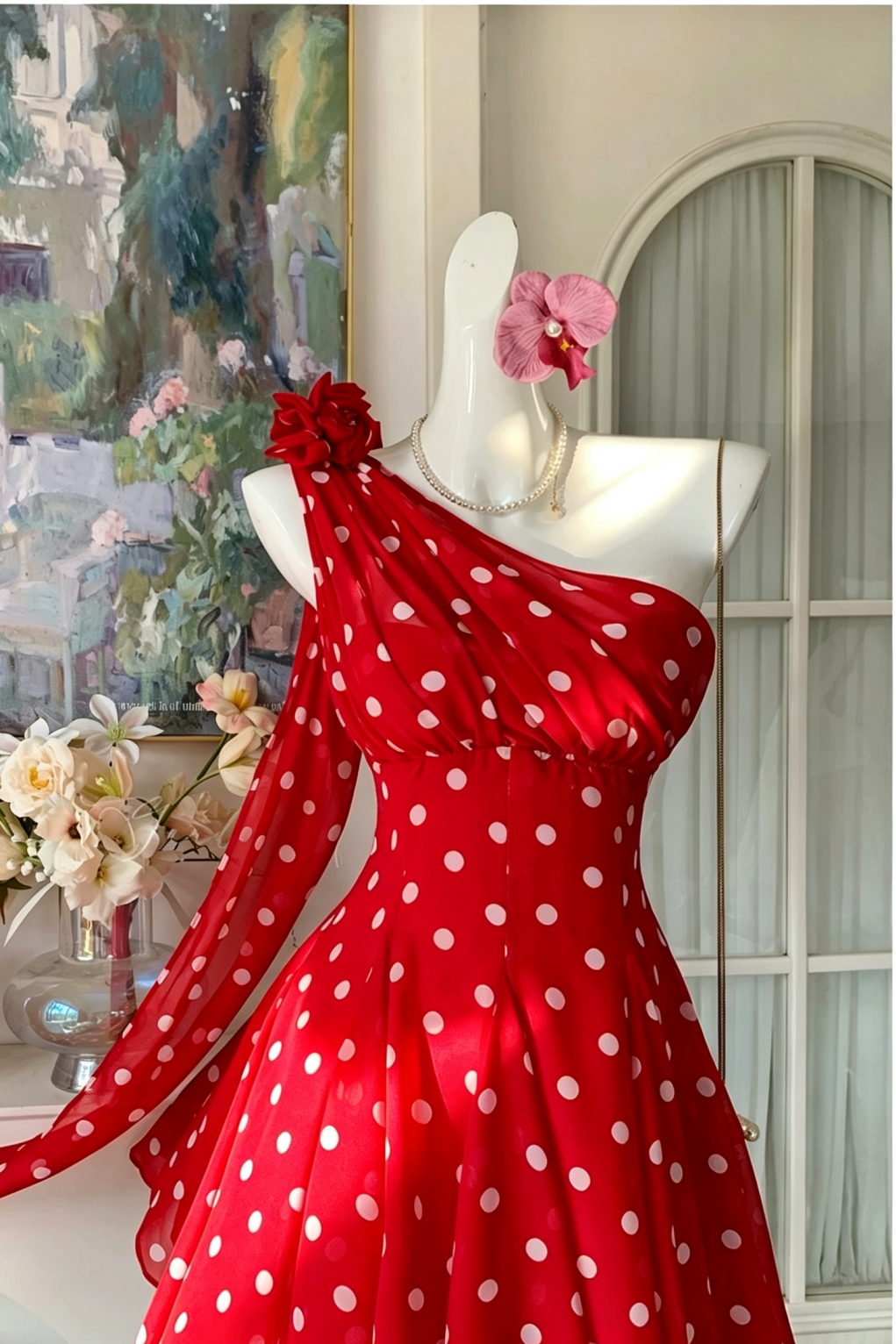 Vacation Dress Red Chiffon One Shoulder Short Dress, Polka Dot Print F0060