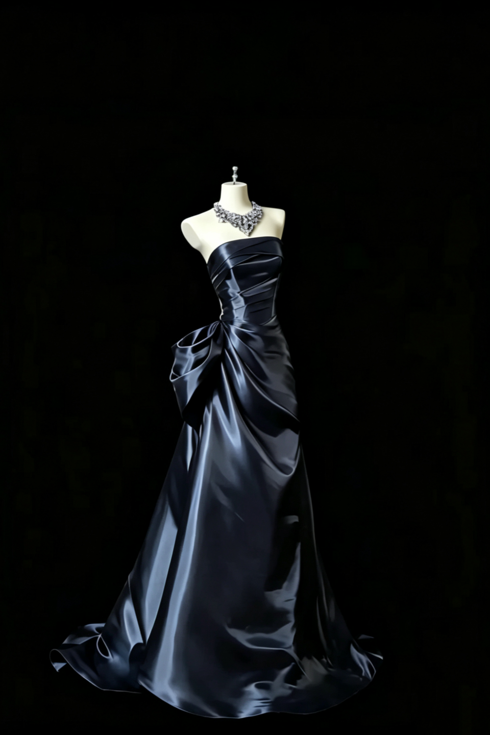Midnight Blue Satin Strapless Evening Gown Side Big Bow Lace‑Up Back Formal Dress F0147