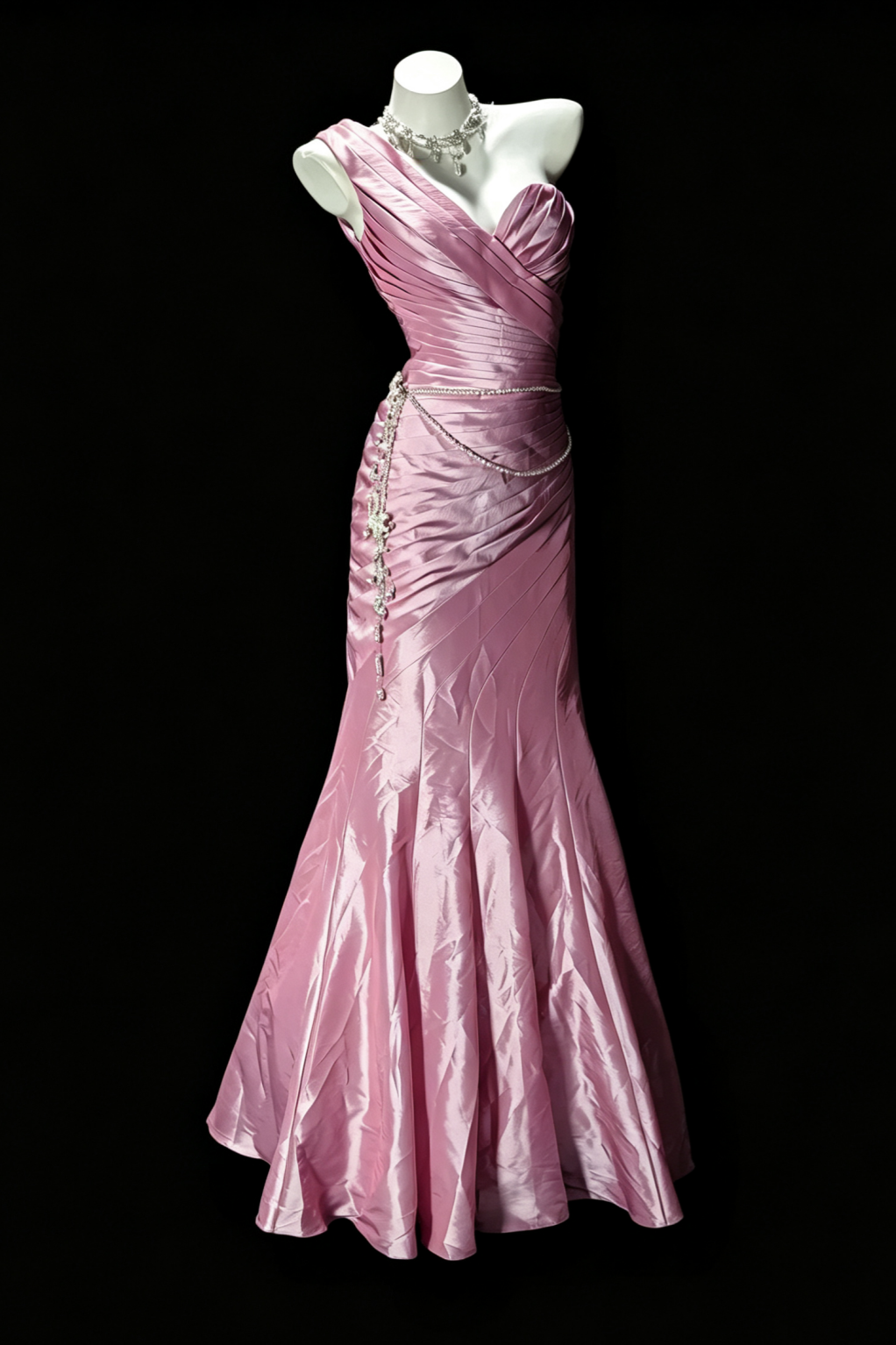 One‑Shoulder Satin Mermaid Gown With Rhinestone Chain Detail F0081