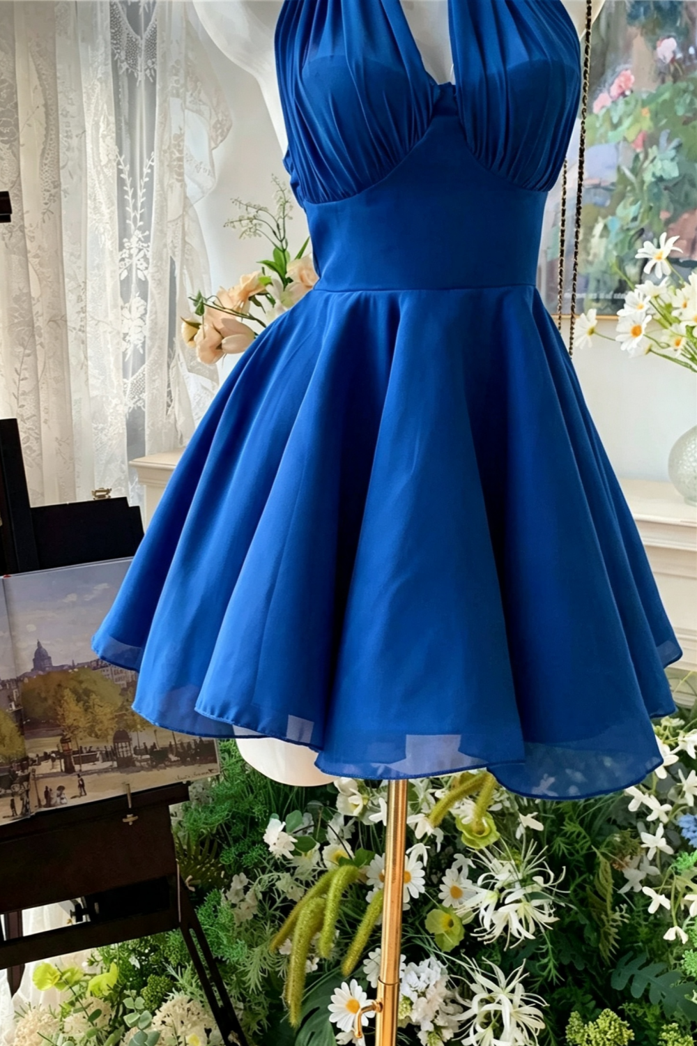 Halter Bow Chiffon Mini Dress, Homecoming Party A-Line Gown F055