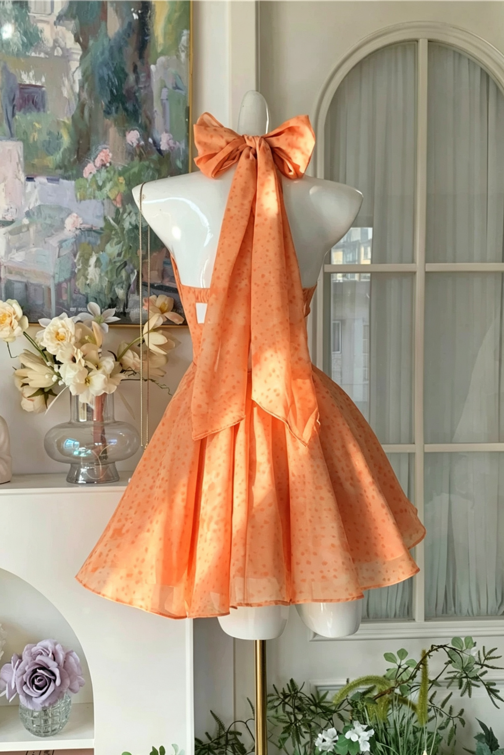 Beach Party Dress Orange Halter Neck Mini Dress With Big Bow F0059