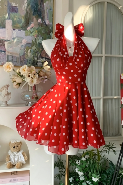 Summer Dress Red Polka Dot Halter Short Dress With Back Bow For Vacation F0036