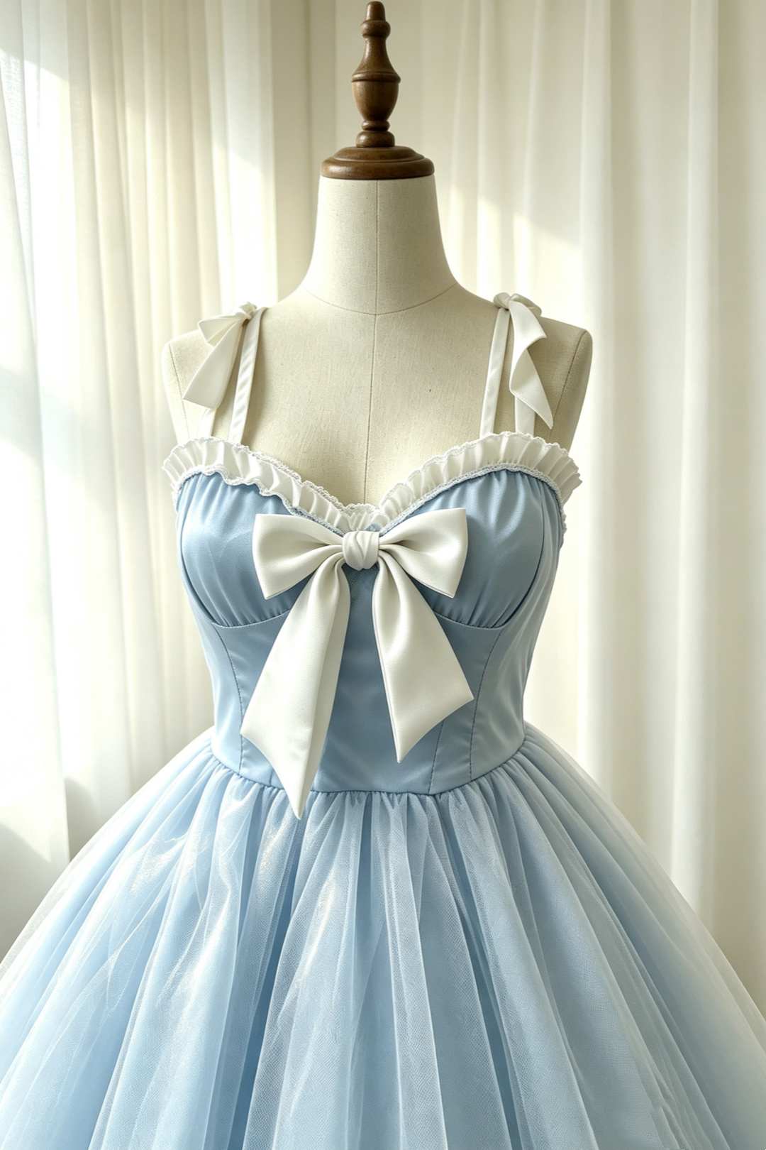 Tea Party Gown Light Blue Ruffled Neck Bow Detail Short Tulle Lolita Dress F0067