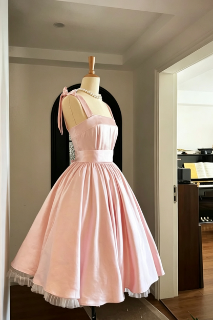 Olive Green Satin Retro Midi Dress, Bow Strap Vintage Homecoming Dress  F0052