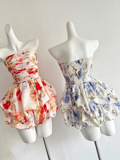 Floral Print Strapless Bubble Mini Dress Ruched Cocktail Gown F0214